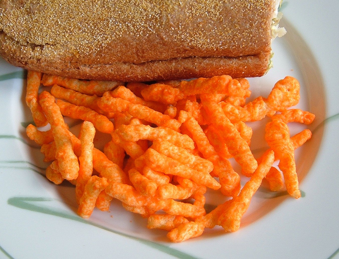A plate of sandwich and Cheetos|20%