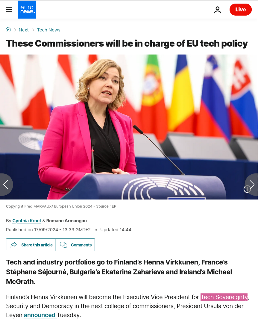 Euronews (17/09/2024): '… Henna Virkkunen will become the Executive Vice President for Tech Sovereignty…'|450